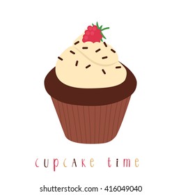 illustration of cute simple chocolate cupcake with raspberry and cupcake time text message. can be used like stickers or for greeting cards and party invitations