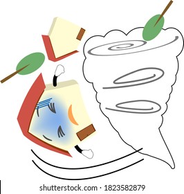 Illustration of a cute and simple house blown by a tornado