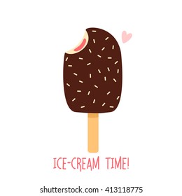 Illustration Of Cute Simple Ice Cream With Ice Cream Time Text Message. Can Be Used Like Stickers Or For Greeting Cards And Party Invitations