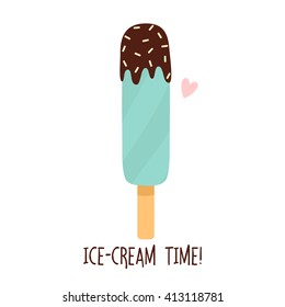 illustration of cute simple ice cream with ice cream time text message. can be used like stickers or for greeting cards and party invitations