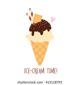 illustration of cute simple ice cream with ice cream time text message. can be used like stickers or for greeting cards and party invitations