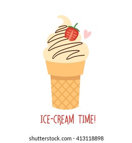 illustration of cute simple ice cream with ice cream time text message. can be used like stickers or for greeting cards and party invitations
