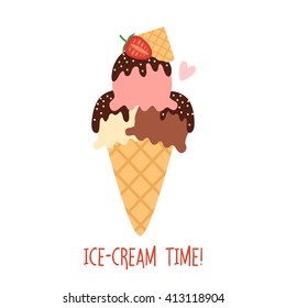 illustration of cute simple ice cream with ice cream time text message. can be used like stickers or for greeting cards and party invitations