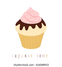 illustration of cute simple vanilla cupcake with cupcake time text message. can be used like stickers or for greeting cards and party invitations