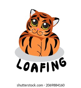 Illustration of a cute sitting tiger. Cartoon kitty loaf. Vector drawing.