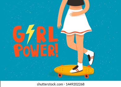 Illustration of cute skateborder girl on bright blue background with "love who you are girl" text. Vector illustration of girl with skateboard. Cute card or poster template