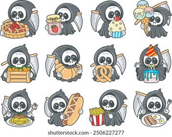 Illustration of cute skull ghost icon.
Funny skull ghost in activities stickers.
An angel of death in the variation of dessert