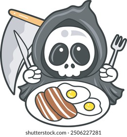 Illustration of cute skull ghost icon.
Funny skull ghost in activities stickers.
An angel of death want to breakfast with eggs and bacons