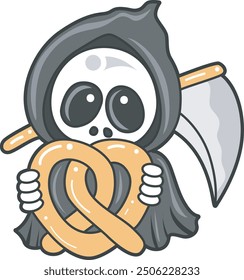 Illustration of cute skull ghost icon.
Funny skull ghost in activities stickers.
An angel of death bring a pretzel