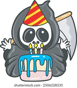 Illustration of cute skull ghost icon.
Funny skull ghost in activities stickers.
An angel of death with birthday cake and party hat