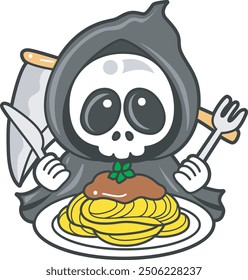 Illustration of cute skull ghost icon.
Funny skull ghost in activities stickers.
An angel of death want to eating spaghetti