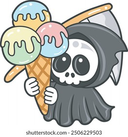 Illustration of cute skull ghost icon.
Funny skull ghost in activities stickers.
An angel of death bring an ice cream