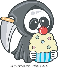 Illustration of cute skull ghost icon.
Funny skull ghost in activities stickers.
An angel of death bring a cupcake