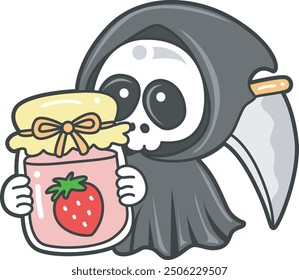 Illustration of cute skull ghost icon.
Funny skull ghost in activities stickers.
An angel of death bring a strawberry jam