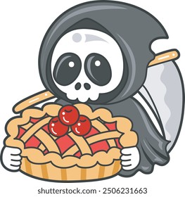 Ilustración del icono del fantasma del cráneo lindo.
Divertido cráneo fantasma en actividades pegatinas.
Un ángel de la muerte trae una cereza de pastel