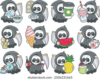 Illustration of cute skull ghost icon.
Funny skull ghost in activities stickers.
An angel of death with vatiation of drink