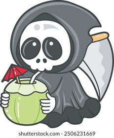 Illustration of cute skull ghost icon.
Funny skull ghost in activities stickers.
An angel of death bring a coconut drink