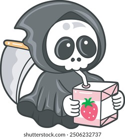 Illustration of cute skull ghost icon.
Funny skull ghost in activities stickers.
An angel of death drinking a strawberry milk