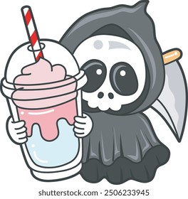 Illustration of cute skull ghost icon.
Funny skull ghost in activities stickers.
An angel of death bring a milkshake