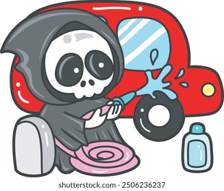 Illustration of cute skull ghost icon.
Funny skull ghost in activities stickers.
An angel of death washing a car