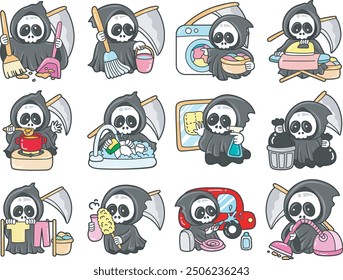 Illustration of cute skull ghost icon.
Funny skull ghost in activities stickers.
An angel of death in the chores activities