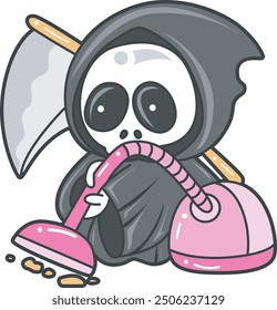 Illustration of cute skull ghost icon.
Funny skull ghost in activities stickers.
An angel of death cleaning a floor with vacuum cleaner