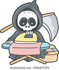 Illustration of cute skull ghost icon.
Funny skull ghost in activities stickers.
An angel of death ironing a clothes