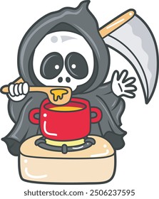 Illustration of cute skull ghost icon.
Funny skull ghost in activities stickers.
An angel of death cooking a soup