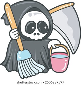 Illustration of cute skull ghost icon.
Funny skull ghost in activities stickers.
An angel of death mop a floor with water and bucket
