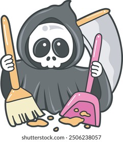 Illustration of cute skull ghost icon.
Funny skull ghost in activities stickers.
An angel of death cleaning a floor with broom and duster
