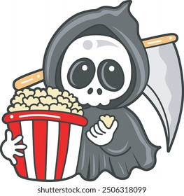 Illustration of cute skull ghost icon.
Funny skull ghost in activities stickers.
An angel of death bring a popcorn