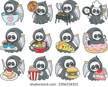 Illustration of cute skull ghost icon.
Funny skull ghost in activities stickers.
A bucket of angel of death with variation food