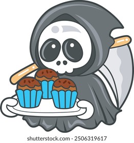 Illustration of cute skull ghost icon.
Funny skull ghost in activities stickers.
An angel of death bring a three cupcakes