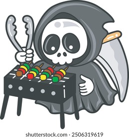 Illustration of cute skull ghost icon.
Funny skull ghost in activities stickers.
An angel of death cooking in the barbecue