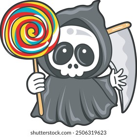 Illustration of cute skull ghost icon.
Funny skull ghost in activities stickers.
An angel of death bring a lollipop