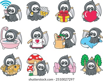 Illustration of cute skull ghost icon.
Funny skull ghost in activities stickers.
Angel of death cute elements.
Activites of demon