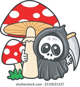 Illustration of cute skull ghost icon.
Funny skull ghost in activities stickers.
Angel of death cute elements.
Demon hold a big mushroom