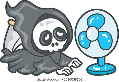 Illustration of cute skull ghost icon.
Funny skull ghost in activities stickers.
Angel of death cute elements.
Demon is hot and cooling with fan