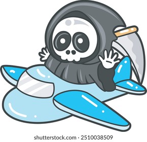 Illustration of cute skull ghost icon.
Funny skull ghost in activities stickers.
Angel of death cute elements.
Demon riding a plane to travelling
