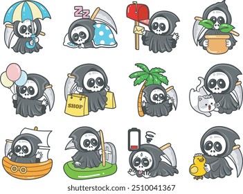 Illustration of cute skull ghost icon.
Funny skull ghost in activities stickers.
Angel of death cute elements.
Demon in the variation of activities