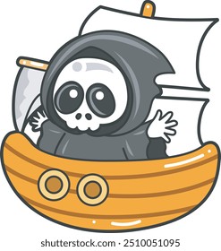 Illustration of cute skull ghost icon.
Funny skull ghost in activities stickers.
Angel of death cute elements.
Demon in the boat like pirates