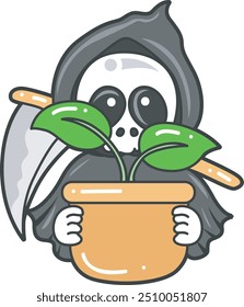 Illustration of cute skull ghost icon.
Funny skull ghost in activities stickers.
Angel of death cute elements.
Demon bring a pot with plant