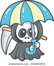 Illustration of cute skull ghost icon.
Funny skull ghost in activities stickers.
Angel of death cute elements.
Demon bring an umbrella