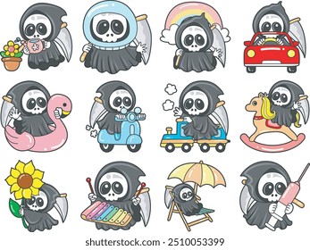 Illustration of cute skull ghost icon.
Funny skull ghost in activities stickers.
Angel of death cute elements.
Demon in the any activities