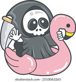 Illustration of cute skull ghost icon.
Funny skull ghost in activities stickers.
Angel of death cute elements.
Demon in the flamingo tire
