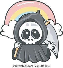 Illustration of cute skull ghost icon.
Funny skull ghost in activities stickers.
Angel of death cute elements.
Demon in front of rainbow and clouds
