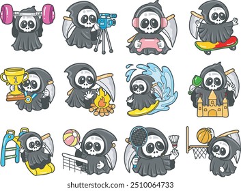 Illustration of cute skull ghost icon.
Funny skull ghost in activities stickers.
Angel of death cute elements.
Demon in variation of daily life
