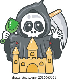 Illustration of cute skull ghost icon.
Funny skull ghost in activities stickers.
Angel of death cute elements.
Demon make a sand castle in the beach
