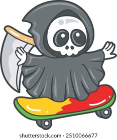 Illustration of cute skull ghost icon.
Funny skull ghost in activities stickers.
Angel of death cute elements.
Demon playing skateboard
