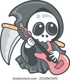 Illustration of cute skull ghost icon.
Funny skull ghost in activities stickers.
Angel of death cute elements.
Demon playing a guitar electric
